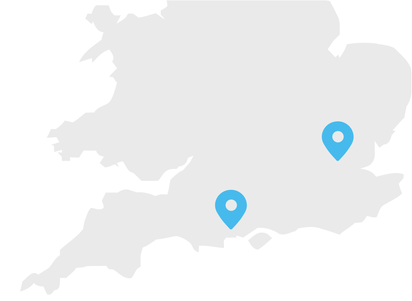 Vector image map of the South of the UK, with two location pins on it.