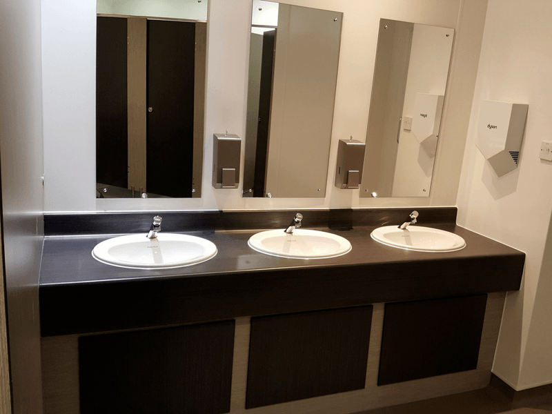 Three new sinks and mirrors inside Emery Gate Shopping Centre bathrooms.