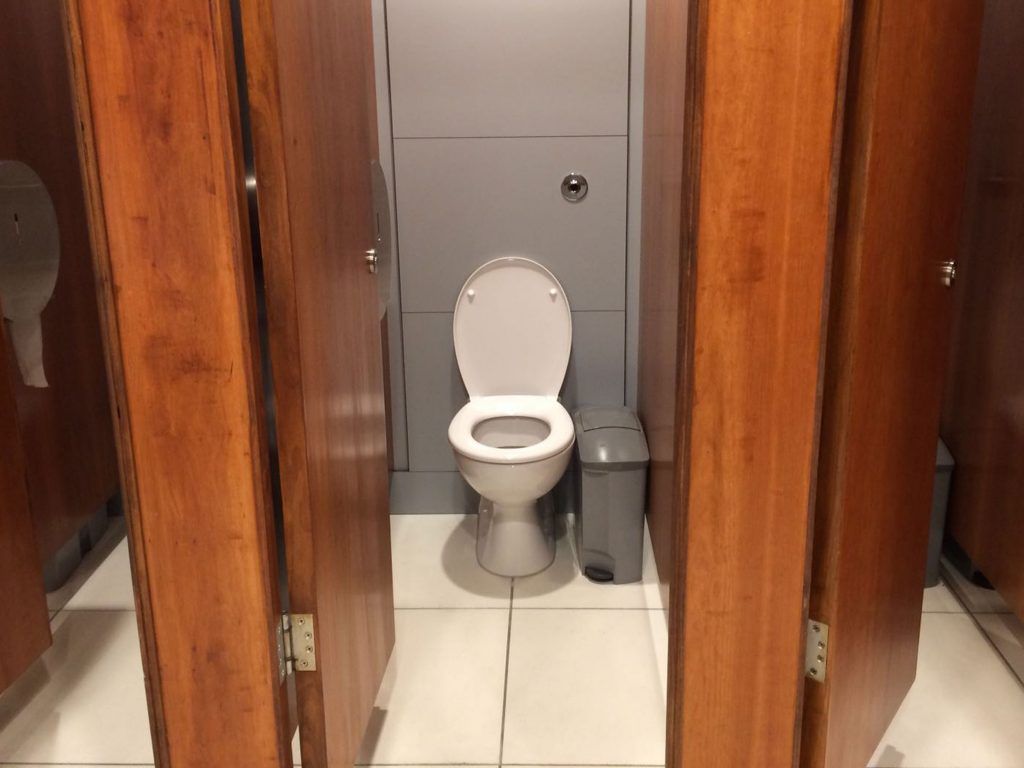 Inside a toilet cubicle with an open door.