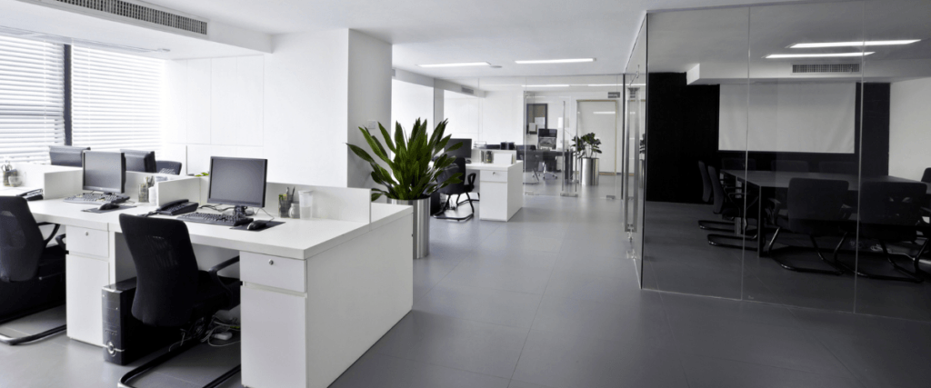Interior of a black and white office.