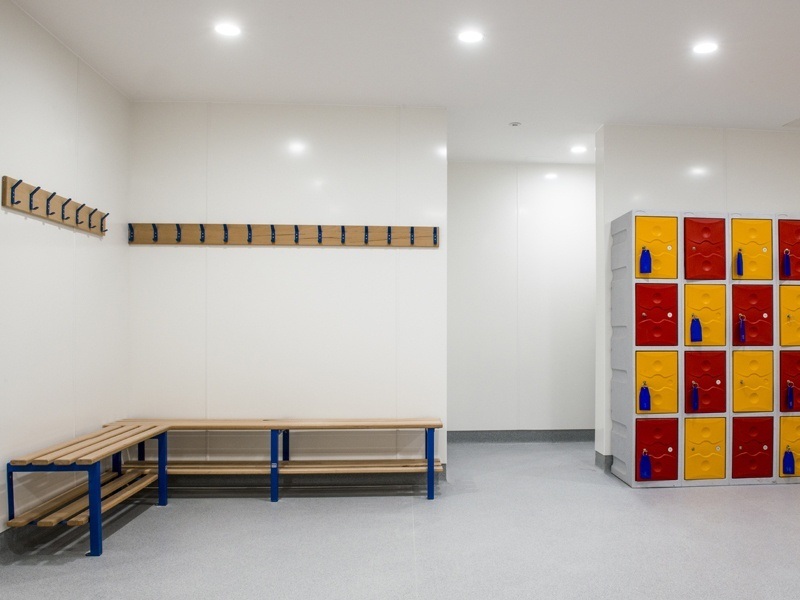 Locker rooms and coat hooks in Portsmouth School changing rooms.
